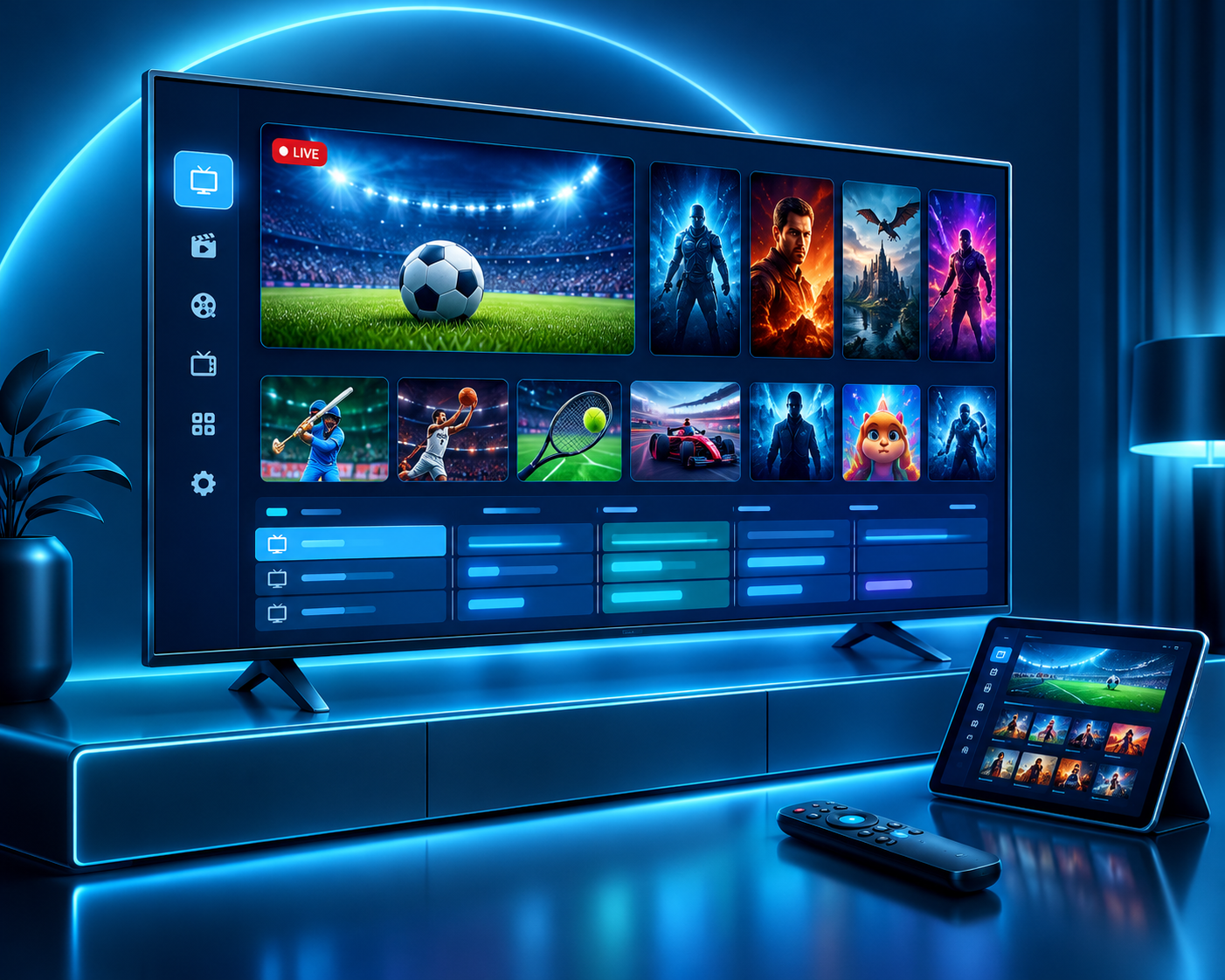 IPTV free 24 hour trial on a futuristic neon streaming setup with live TV and movies